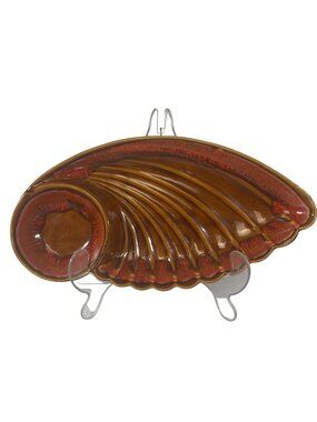 Vintage Ceramic Seashell Serving Tray California USA Brown Red Glaze Coastal Dec